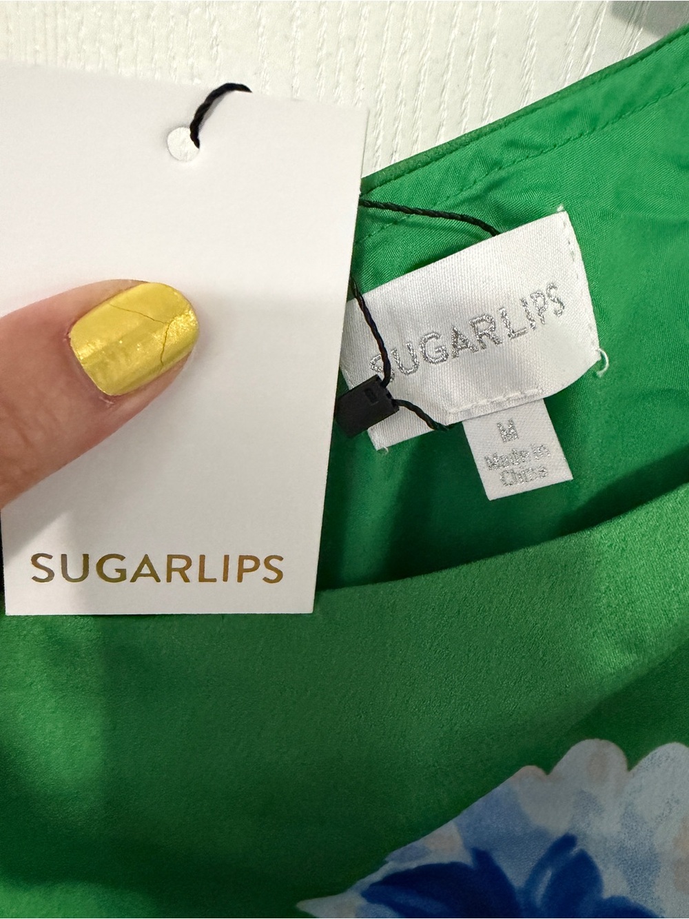 Sugarlips Green one shoulder Dress with Blue Floral Accent and pockets NWT - Picture 2 of 4